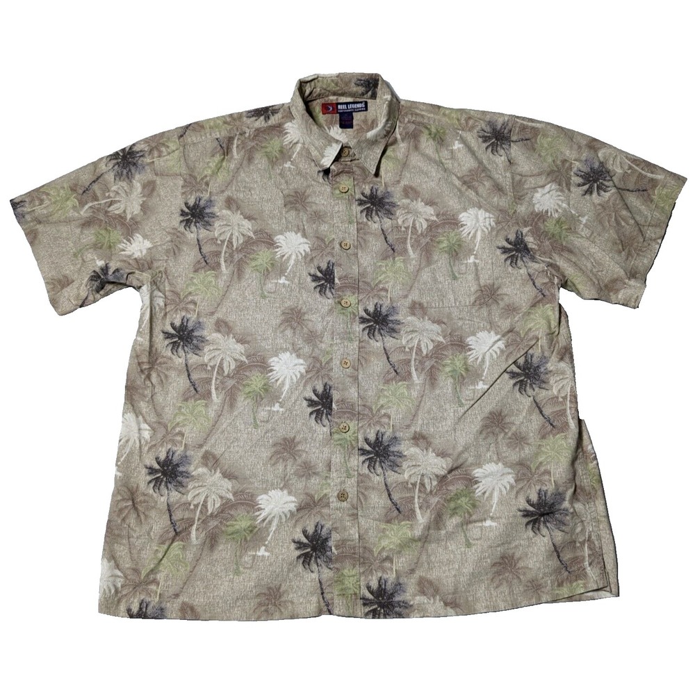 REEL LEGENDS Men XL Cotton Rayon Blend Brown Palm Trees Button-Up Hawaiian Shirt